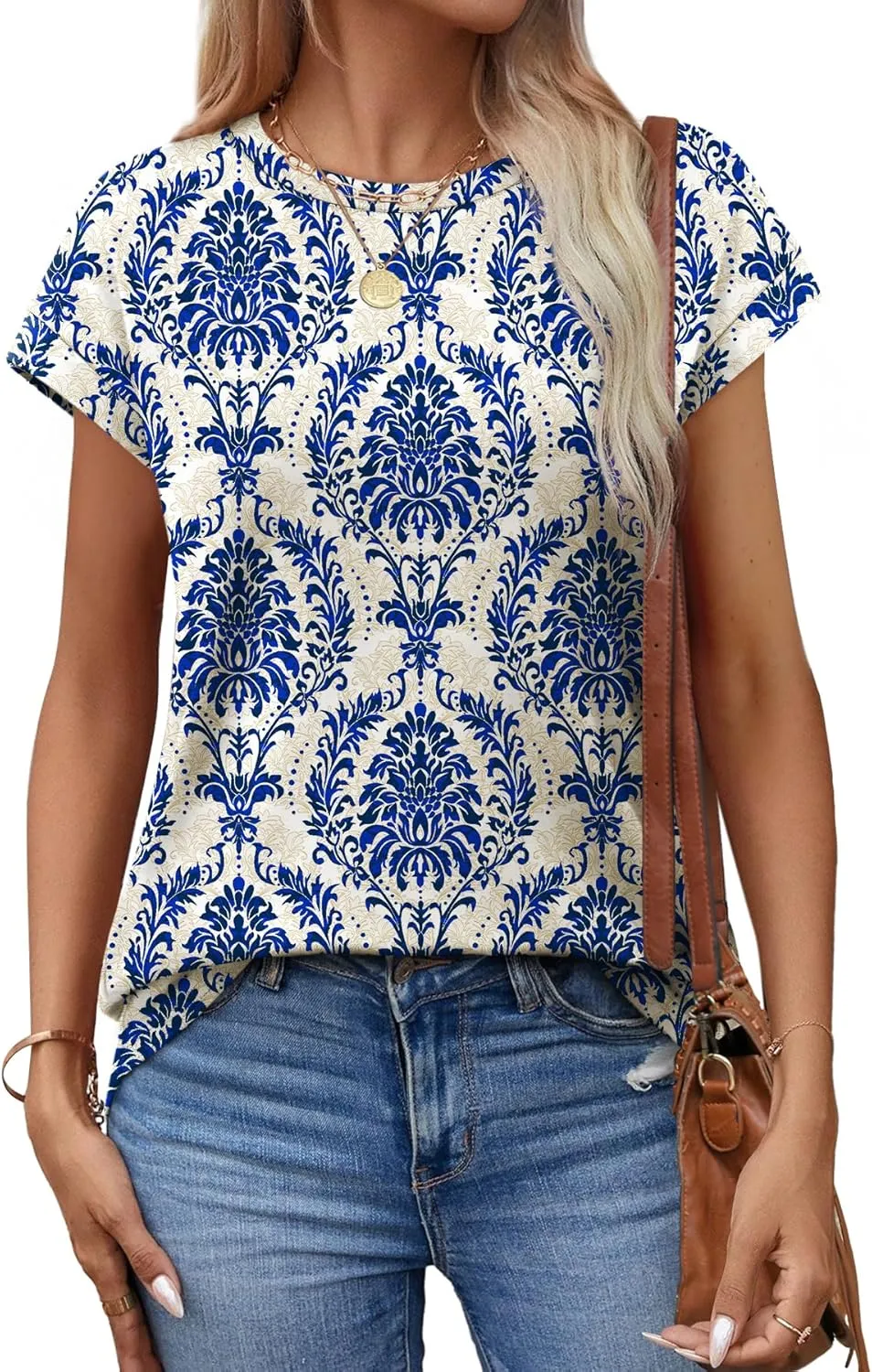 Alaroo Womens Summer Tops Short Sleeve Shirts Crew Neck Cute Trendy Tunic Blouses (S-3XL)