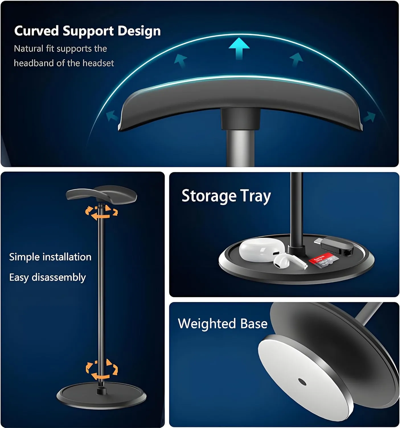 Aluminium Alloy Headset Holder with Storage Tray - 9.7" Tall Heavy Base for All Gaming PC Headphones Stand, AirPod Max Gamer Gifts (Classic Black)