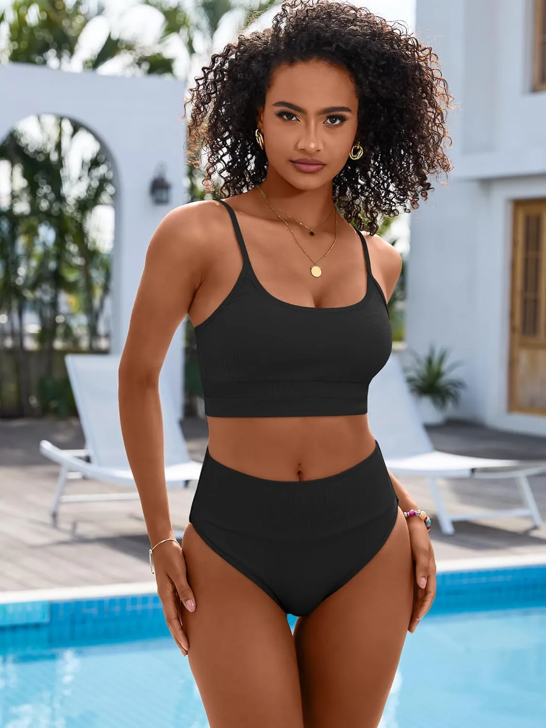 ANRABESS Women High Waisted Bikini Sets Color Block Summer Beach Vacation 2 Piece Bathing Suit Tummy Control Ribbed Swimsuit