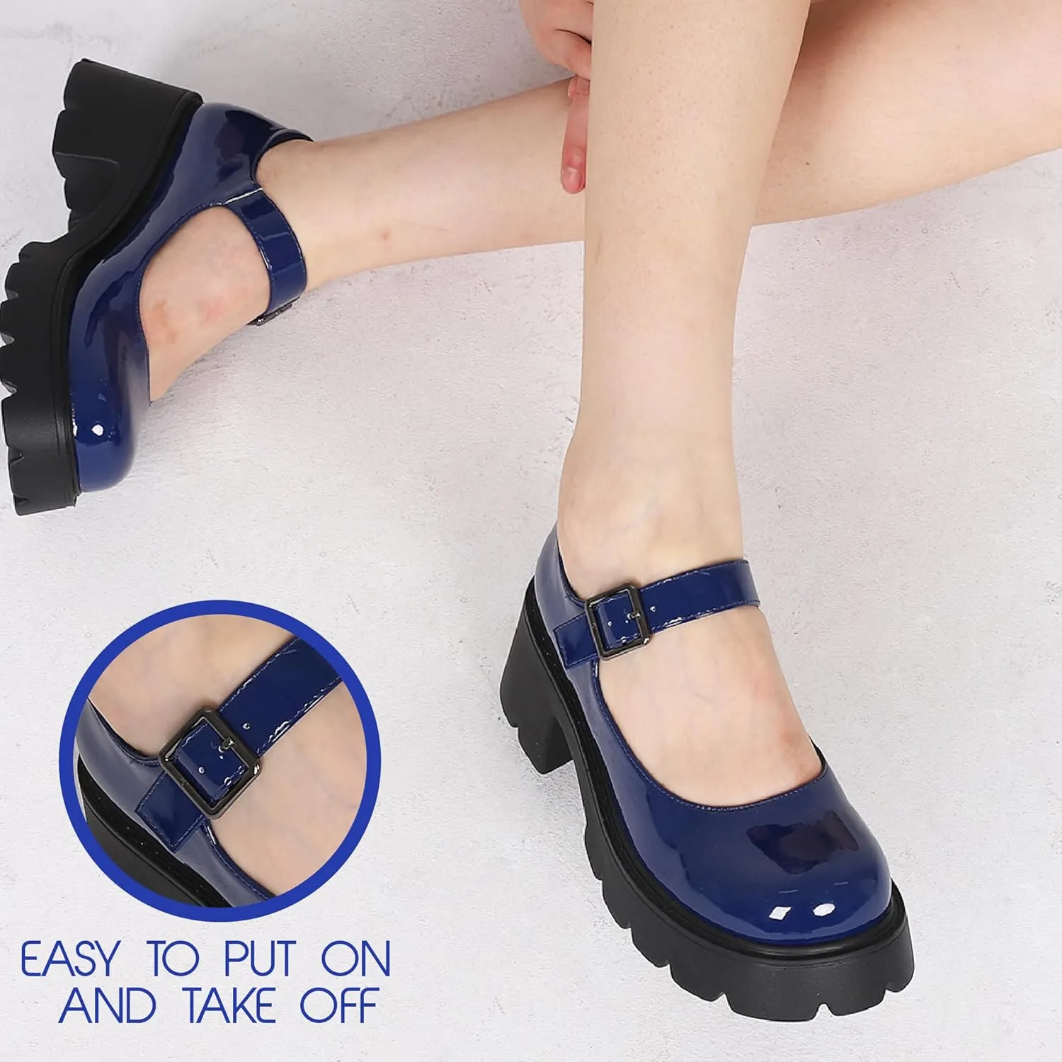 AOSPHIRAYLIAN Mary Janes Platform Mary Janes for Women Round Toe Dress Shoes for Women Ankle Strap Chunky Heel Uniform Women's Pumps