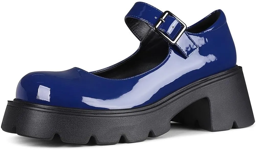 AOSPHIRAYLIAN Mary Janes Platform Mary Janes for Women Round Toe Dress Shoes for Women Ankle Strap Chunky Heel Uniform Women's Pumps