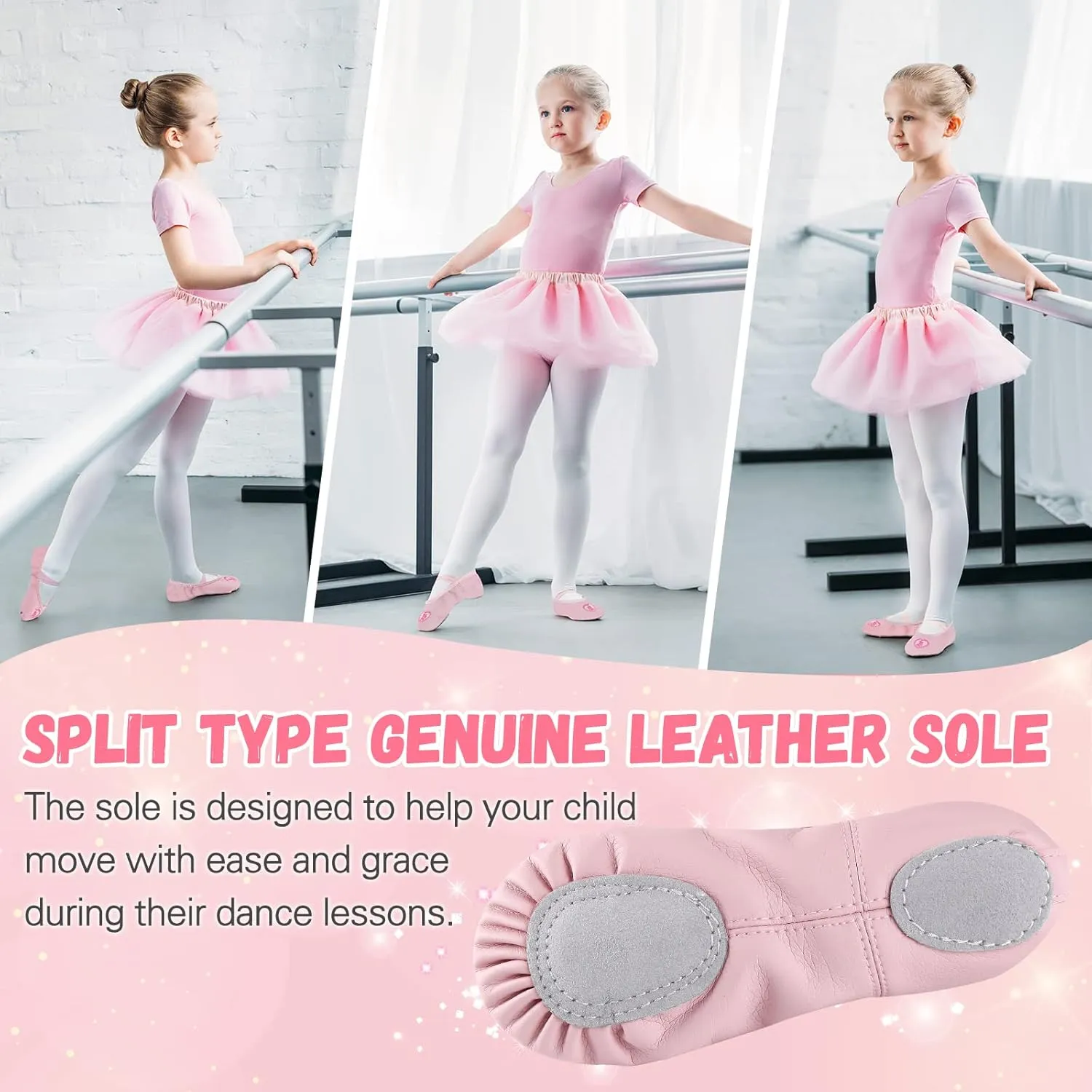 Ballet Shoes for Girls,Soft Leather Ballet Slippers No-Tie Dance Shoes for Toddler Girls/Little/Big Kids