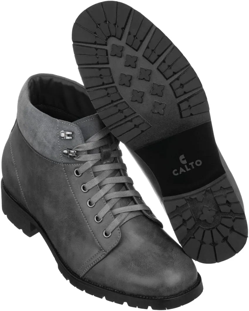 CALTO Men's Invisible Height Increasing Elevator Shoes - Dark Slate Leather Round-Toe Lace-up Ankle Boots - 3.3 Inches Taller - K9360 - Size 8 D(M) US