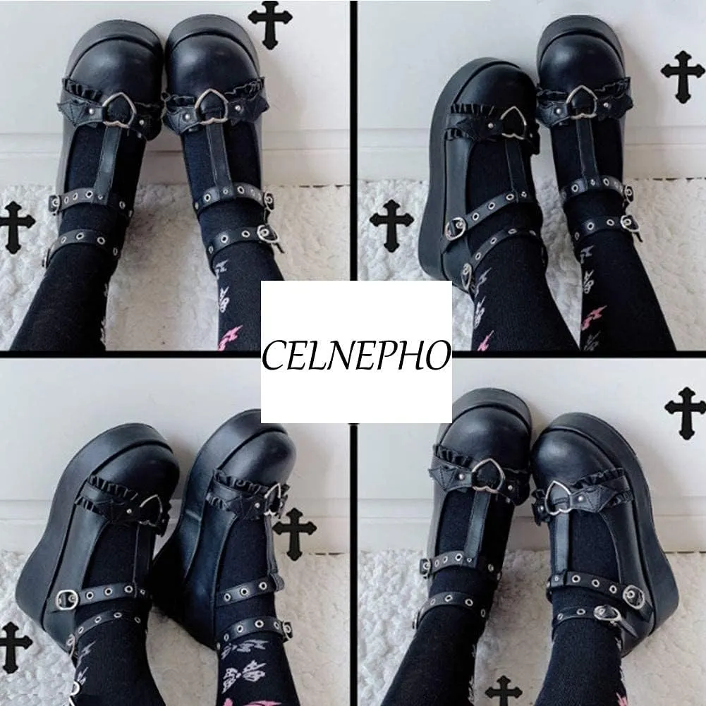 CELNEPHO Mary Jane Shoes Women Cute Ankle Strap Platform Wedge High Heel Pumps Gothic Party Dress Shoes for Women