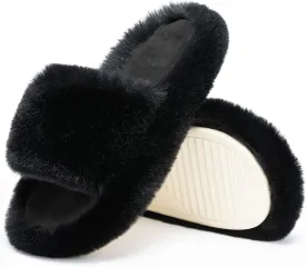 Chantomoo Women's Blue Memory Foam Faux Fur Lined Open Toe Slippers for Women - US 12
