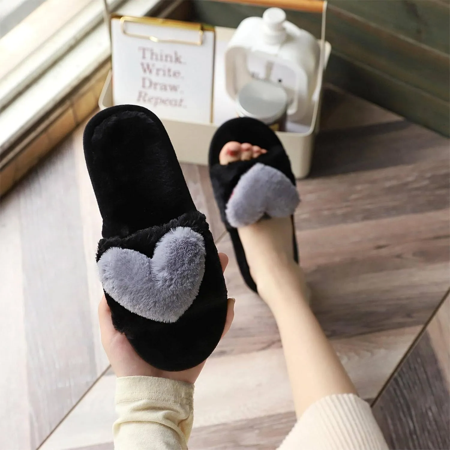 Crazy Lady Women's LOVE Slippers Fuzzy Fluffy Memory Foam House Shoes Open Toe Indoor and Outdoor