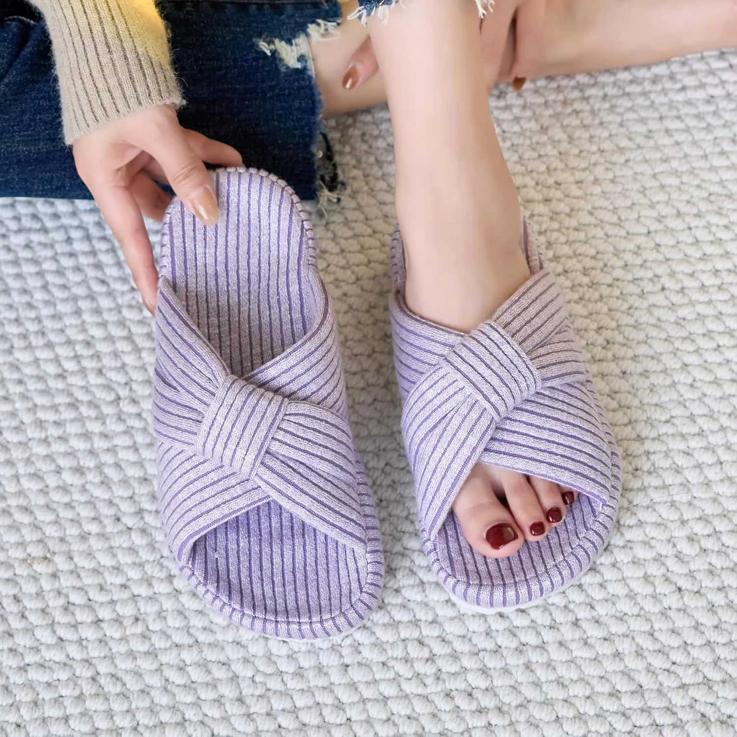 Cross Band House Slippers for Women, Memory Foam Platform with Arch Support Open Toe Bow, Comfy Cozy Trendy Gift Home Shoes for Indoor Outdoor Bedroom