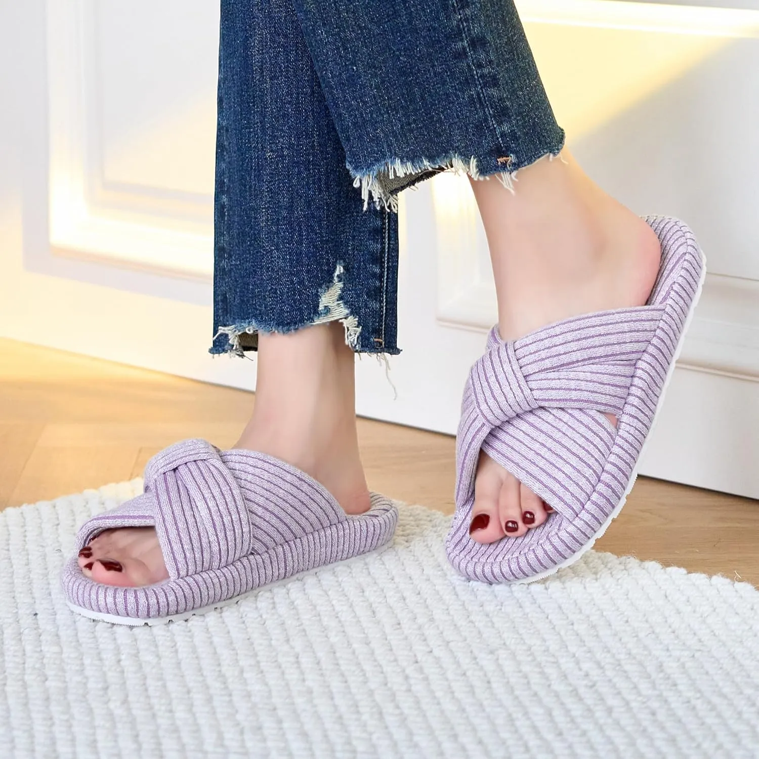 Cross Band House Slippers for Women, Memory Foam Platform with Arch Support Open Toe Bow, Comfy Cozy Trendy Gift Home Shoes for Indoor Outdoor Bedroom