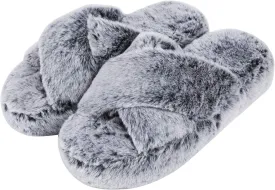 DL Fluffy Womens House Slippers Cross Band Open Toe, Soft Plush Fleece Bedroom Slippers Women Memory Foam, Comfy Fuzzy Slip On Non-Slip Womens Slippers Indoor Leopard Size
