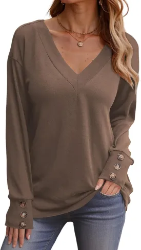 Dokotoo Women's Casual Long Sleeve V Neck Pullover Shirts Loose Fit Lightweight Knit Tops