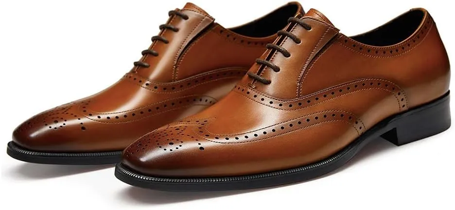 FRASOICUS Mens Dress Shoes with Genuine Leather in Classic Brogue Elastic Band Oxford Formal