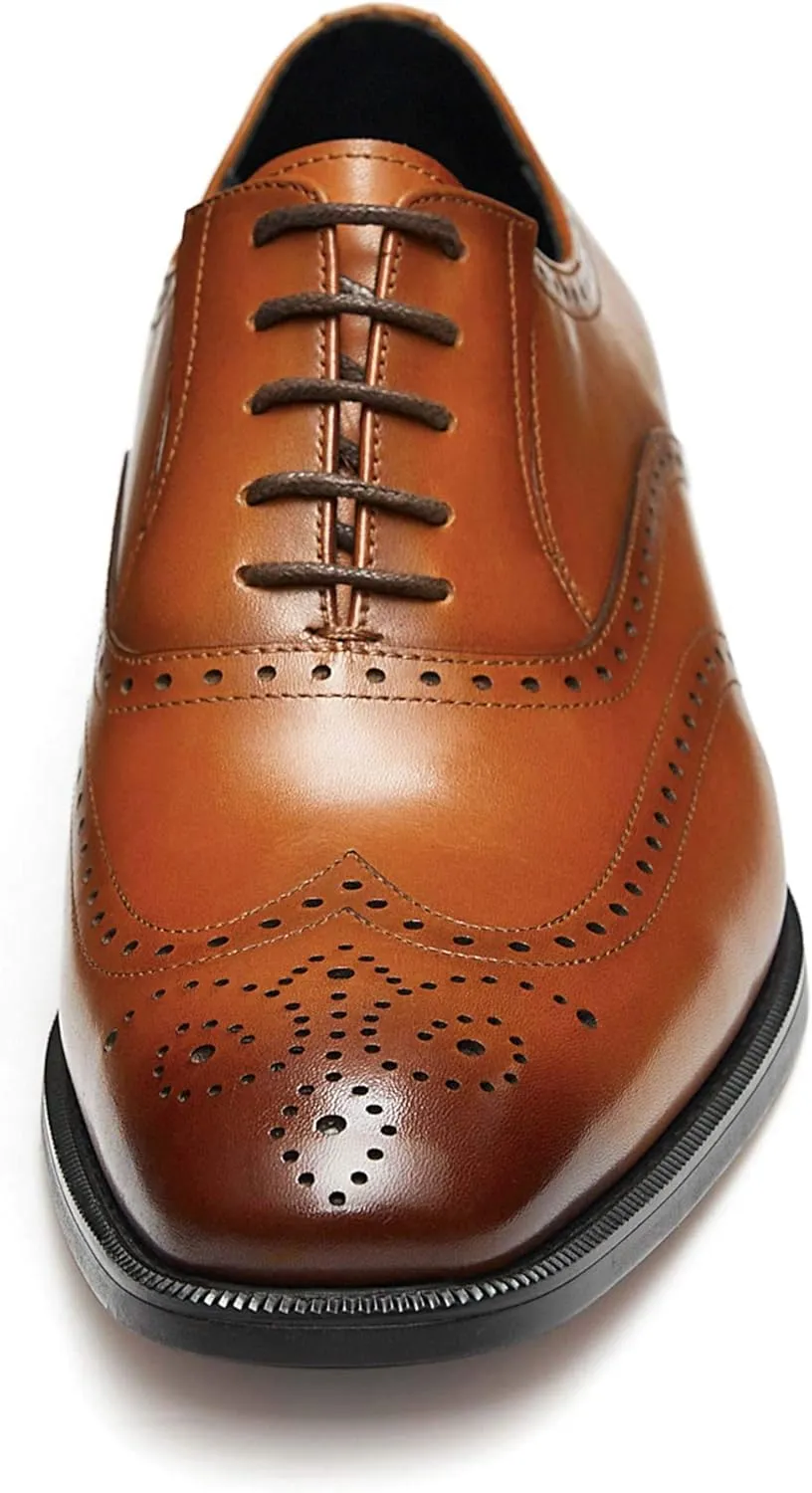 FRASOICUS Mens Dress Shoes with Genuine Leather in Classic Brogue Elastic Band Oxford Formal