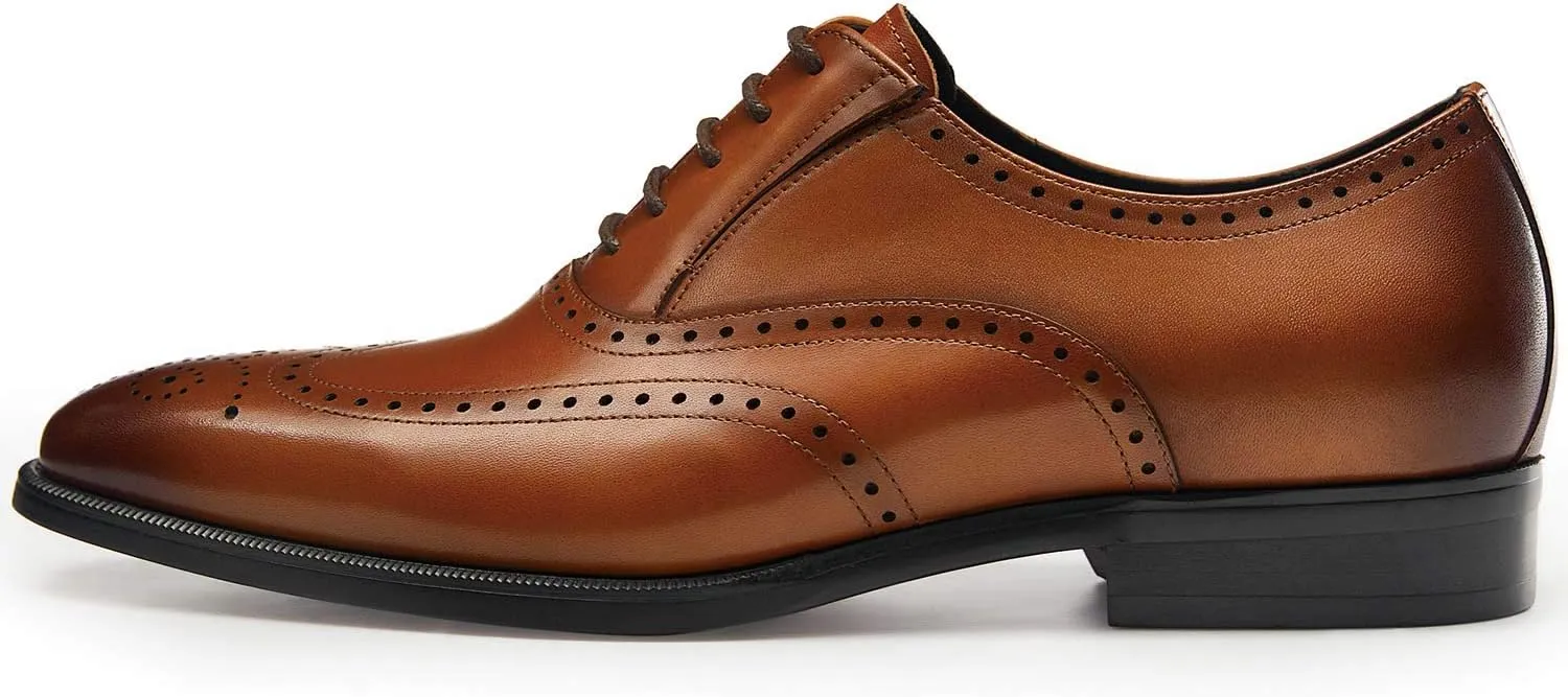 FRASOICUS Mens Dress Shoes with Genuine Leather in Classic Brogue Elastic Band Oxford Formal