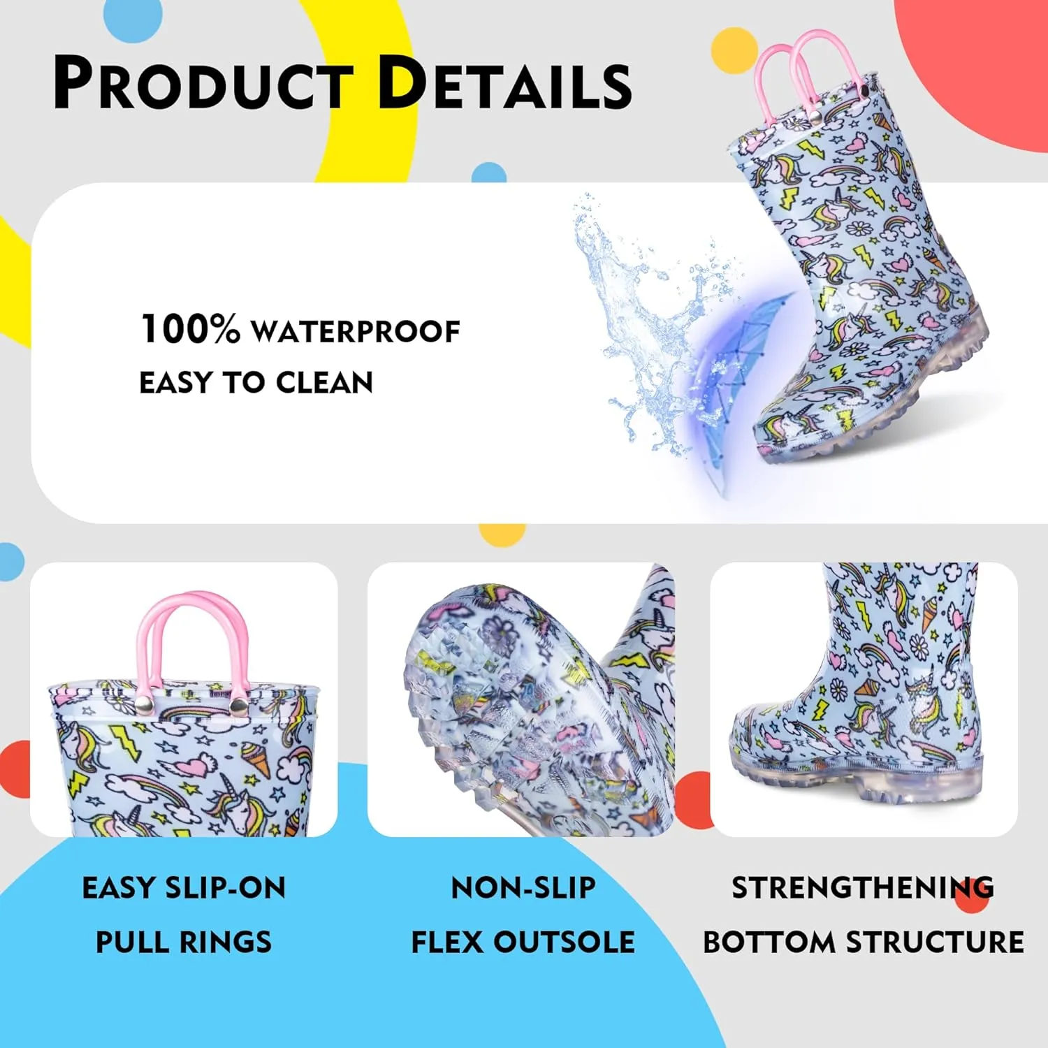 GAWBAW Toddler Rain Boots Kids With Glitter Light up Rain Boots With Easy-on Handles Waterproof For Boys and Girls