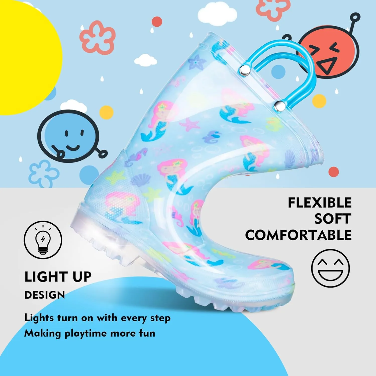 GAWBAW Toddler Rain Boots Kids With Glitter Light up Rain Boots With Easy-on Handles Waterproof For Boys and Girls