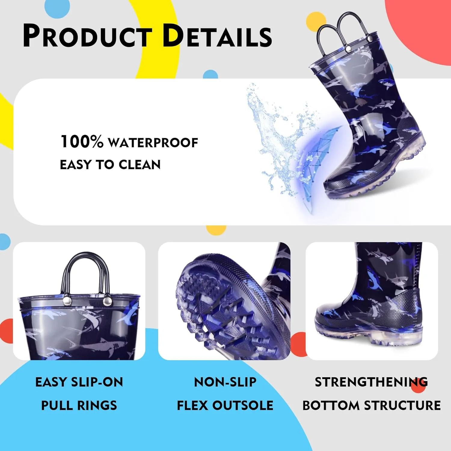 GAWBAW Toddler Rain Boots Kids With Glitter Light up Rain Boots With Easy-on Handles Waterproof For Boys and Girls