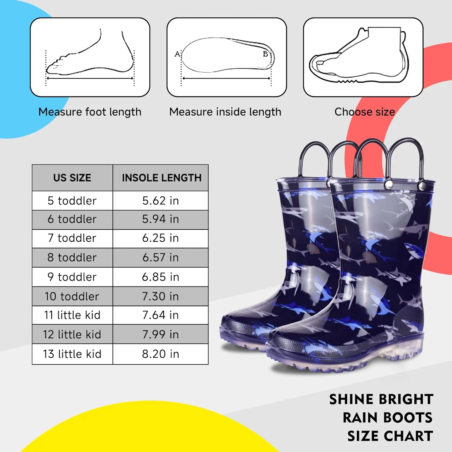 GAWBAW Toddler Rain Boots Kids With Glitter Light up Rain Boots With Easy-on Handles Waterproof For Boys and Girls