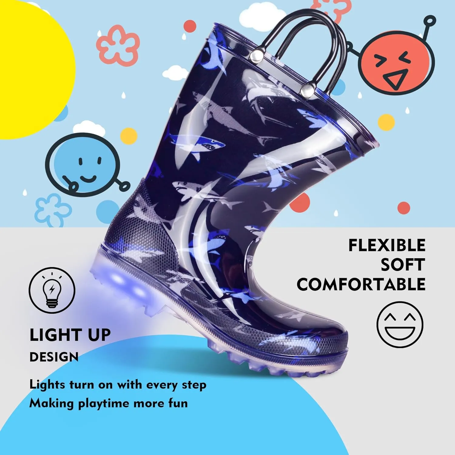GAWBAW Toddler Rain Boots Kids With Glitter Light up Rain Boots With Easy-on Handles Waterproof For Boys and Girls
