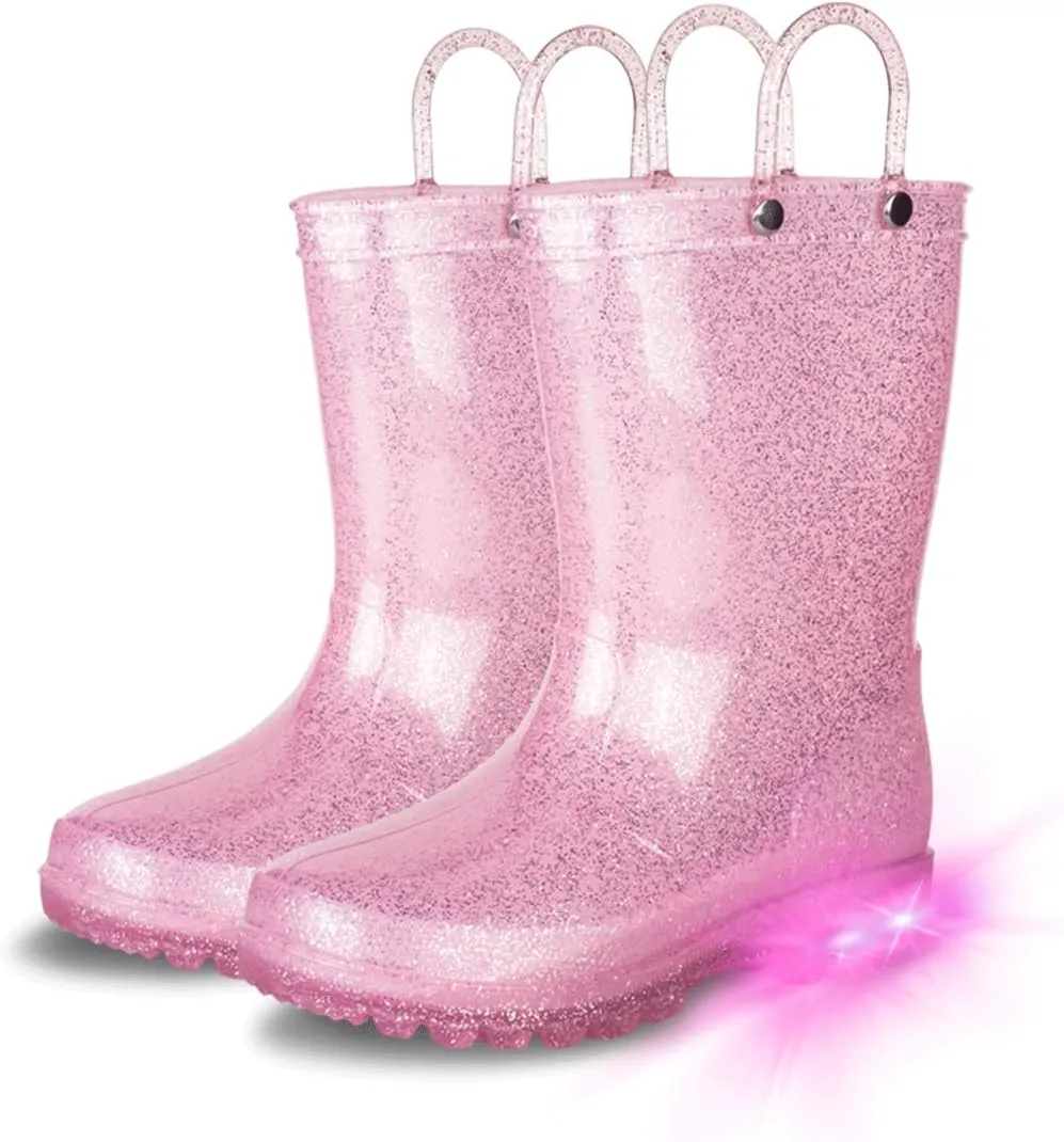 GAWBAW Toddler Rain Boots Kids With Glitter Light up Rain Boots With Easy-on Handles Waterproof For Boys and Girls