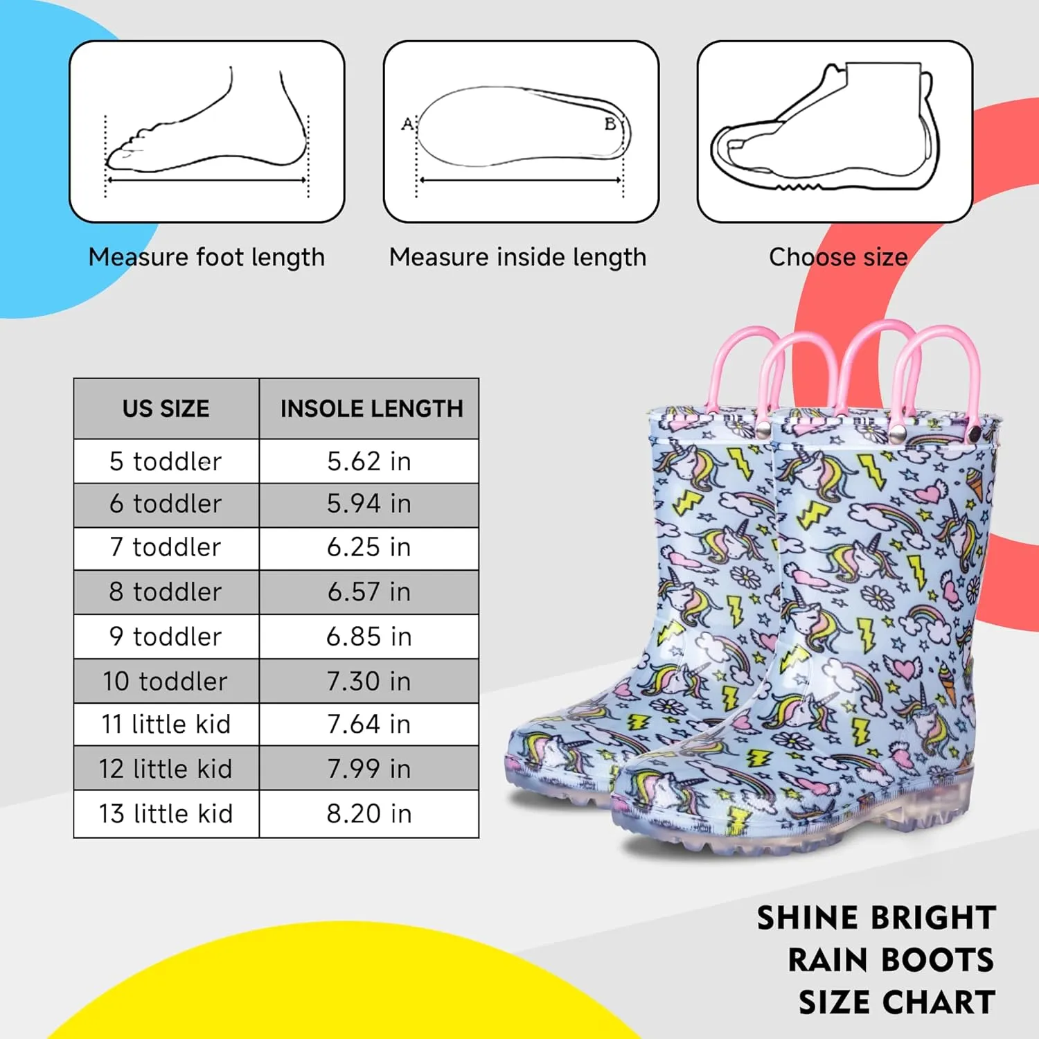 GAWBAW Toddler Rain Boots Kids With Glitter Light up Rain Boots With Easy-on Handles Waterproof For Boys and Girls