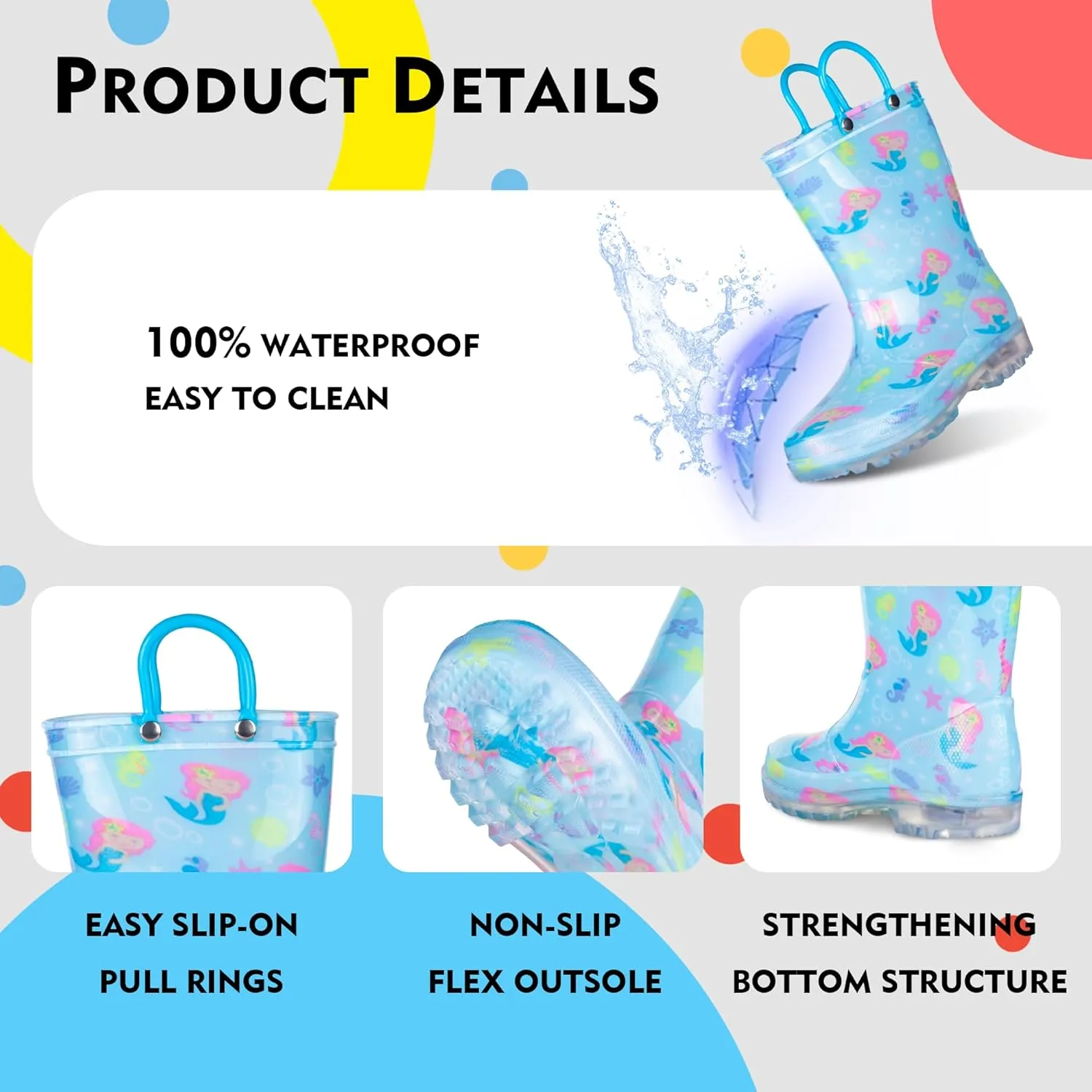 GAWBAW Toddler Rain Boots Kids With Glitter Light up Rain Boots With Easy-on Handles Waterproof For Boys and Girls
