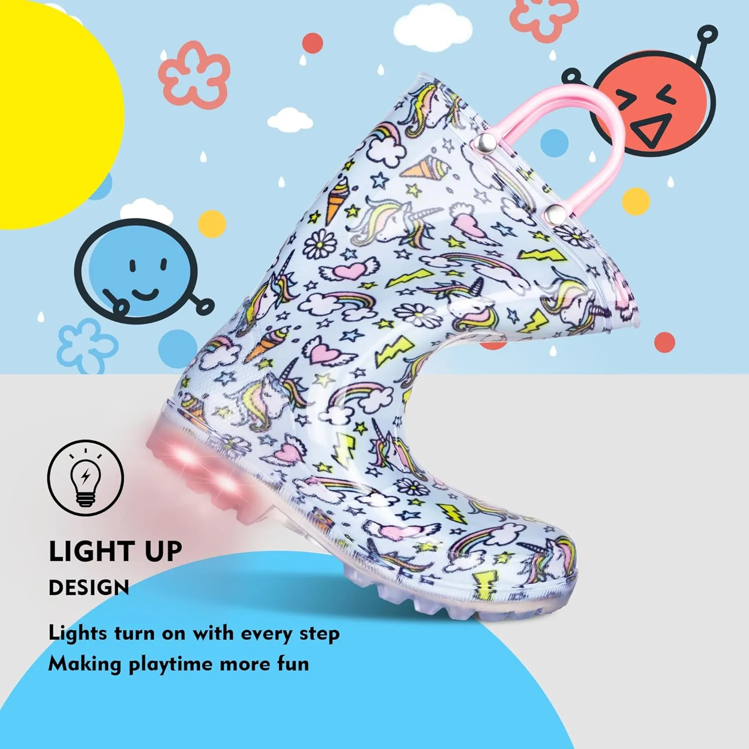 GAWBAW Toddler Rain Boots Kids With Glitter Light up Rain Boots With Easy-on Handles Waterproof For Boys and Girls
