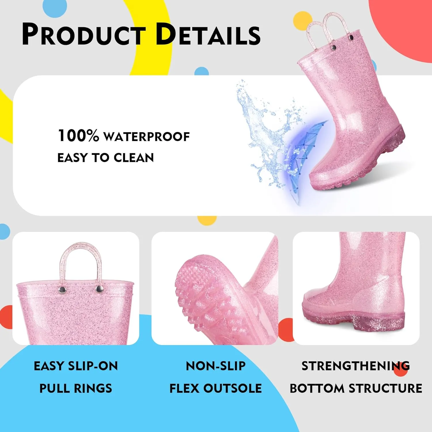 GAWBAW Toddler Rain Boots Kids With Glitter Light up Rain Boots With Easy-on Handles Waterproof For Boys and Girls