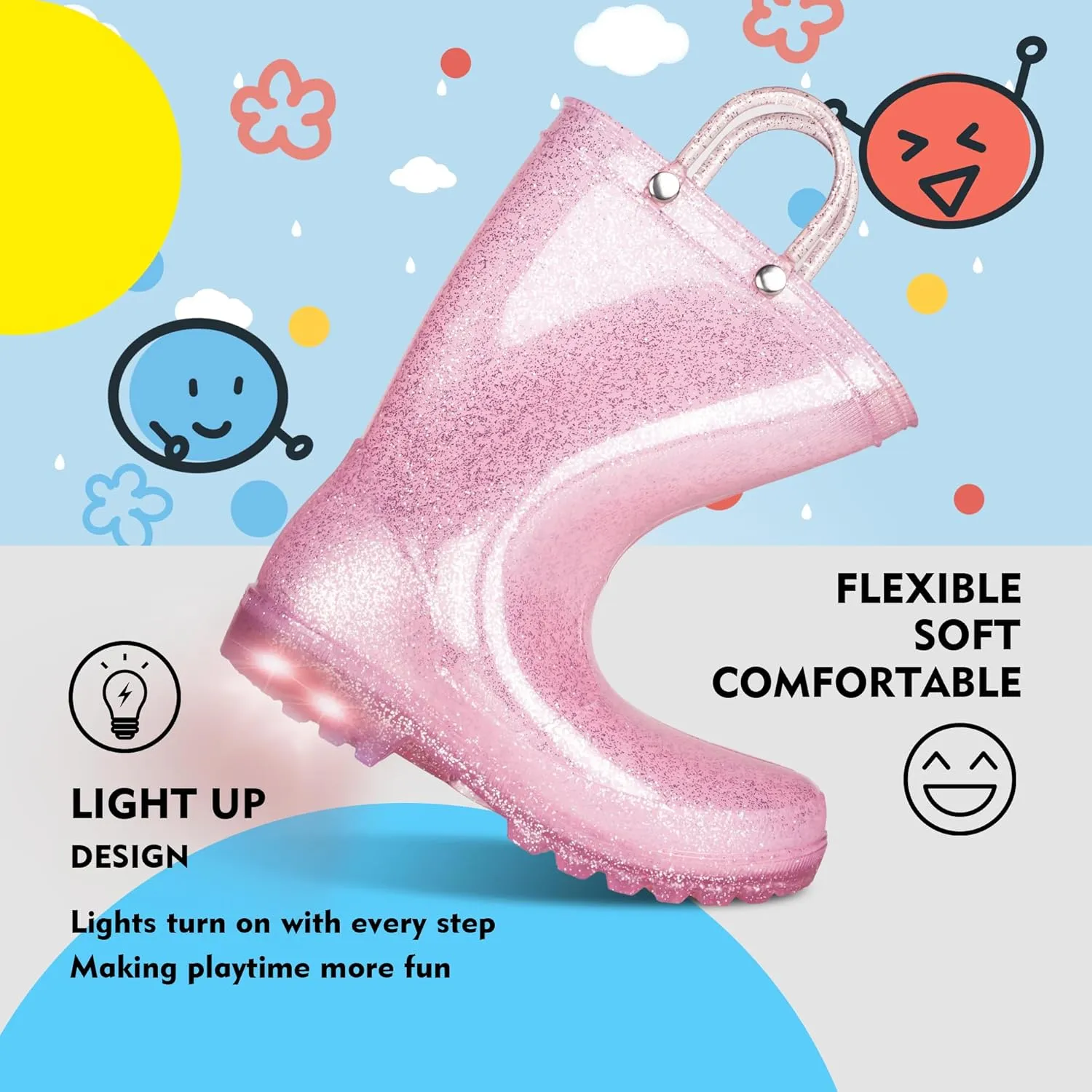 GAWBAW Toddler Rain Boots Kids With Glitter Light up Rain Boots With Easy-on Handles Waterproof For Boys and Girls