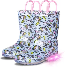 GAWBAW Toddler Rain Boots Kids With Glitter Light up Rain Boots With Easy-on Handles Waterproof For Boys and Girls