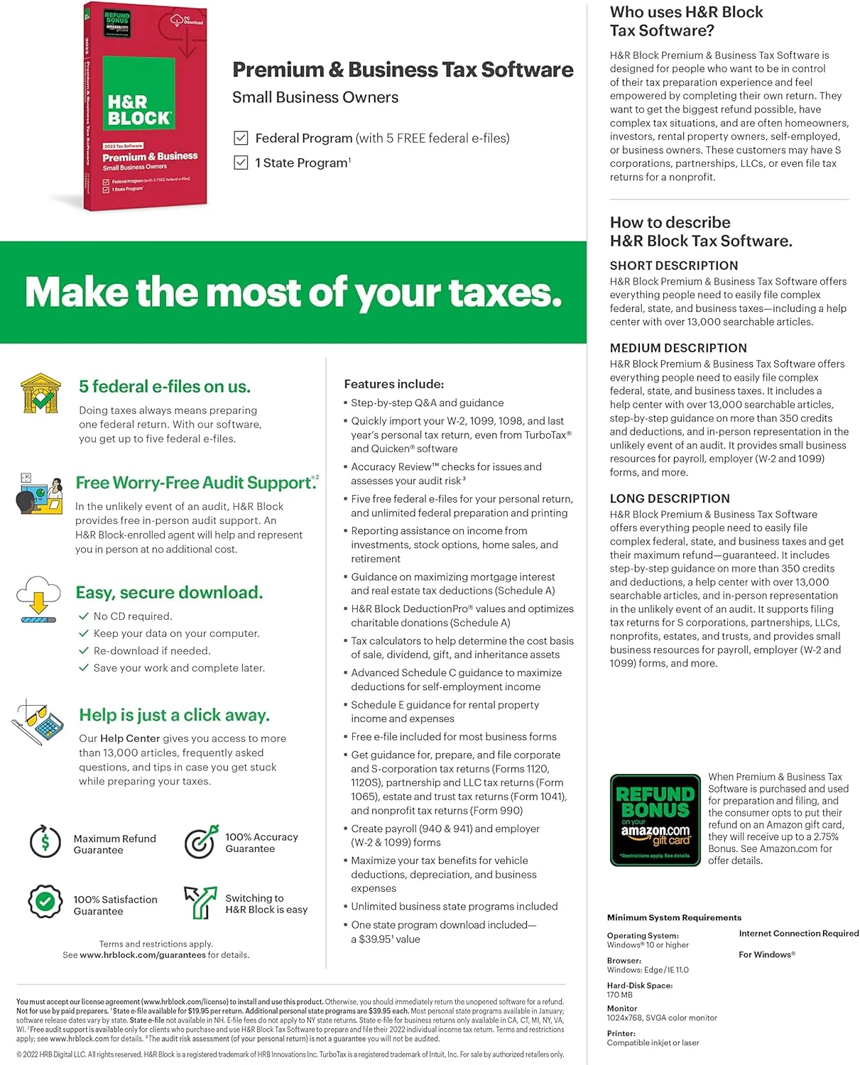 H&R Block Tax Software Premium & Business 2022 with Refund Bonus Offer (Amazon Exclusive) [PC Download] (Old Version)