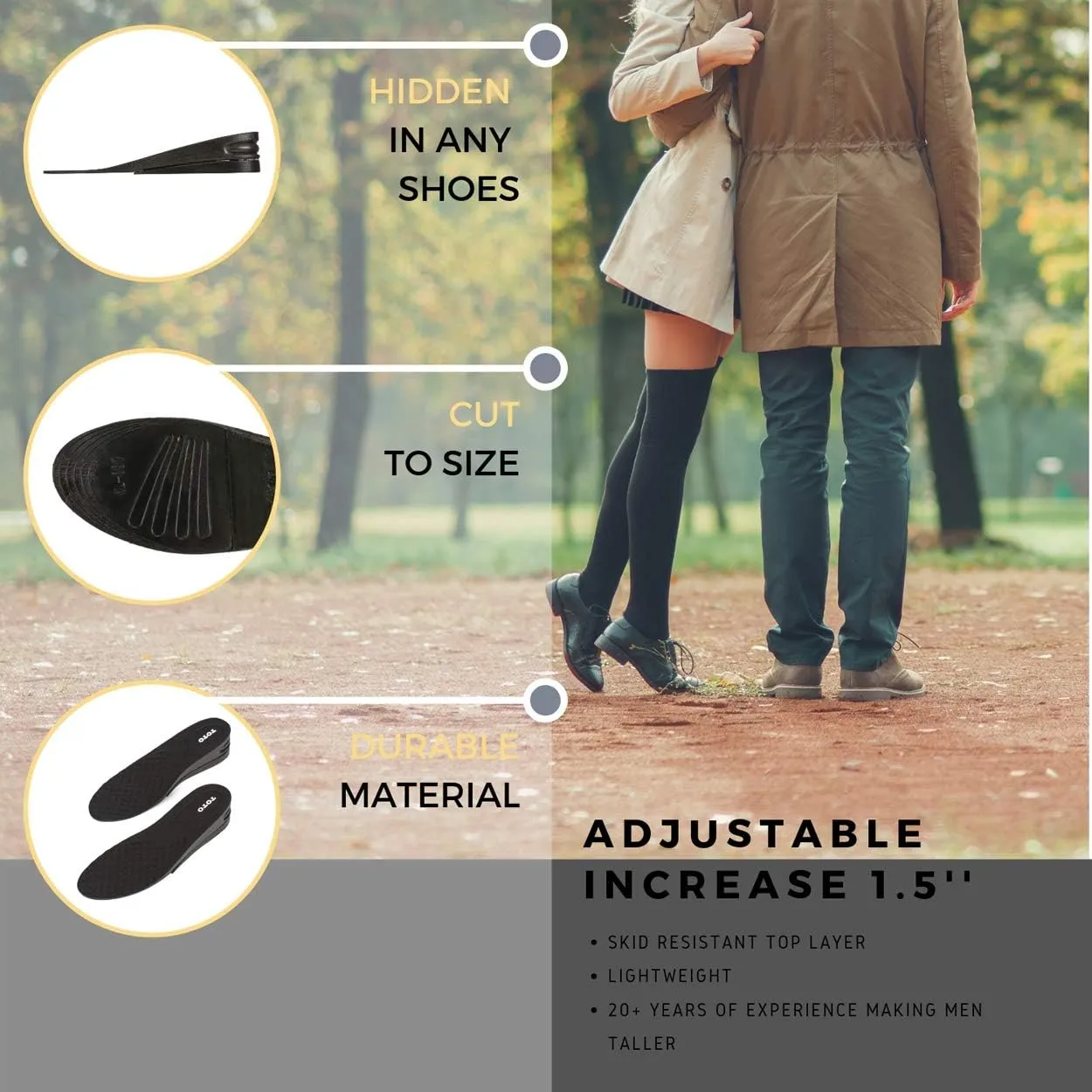 Height Increase Adjustable Elevator Shoe Lift Insoles for Men - 1 or 1.5 Inch Taller Heightening Liftkits - Size Large