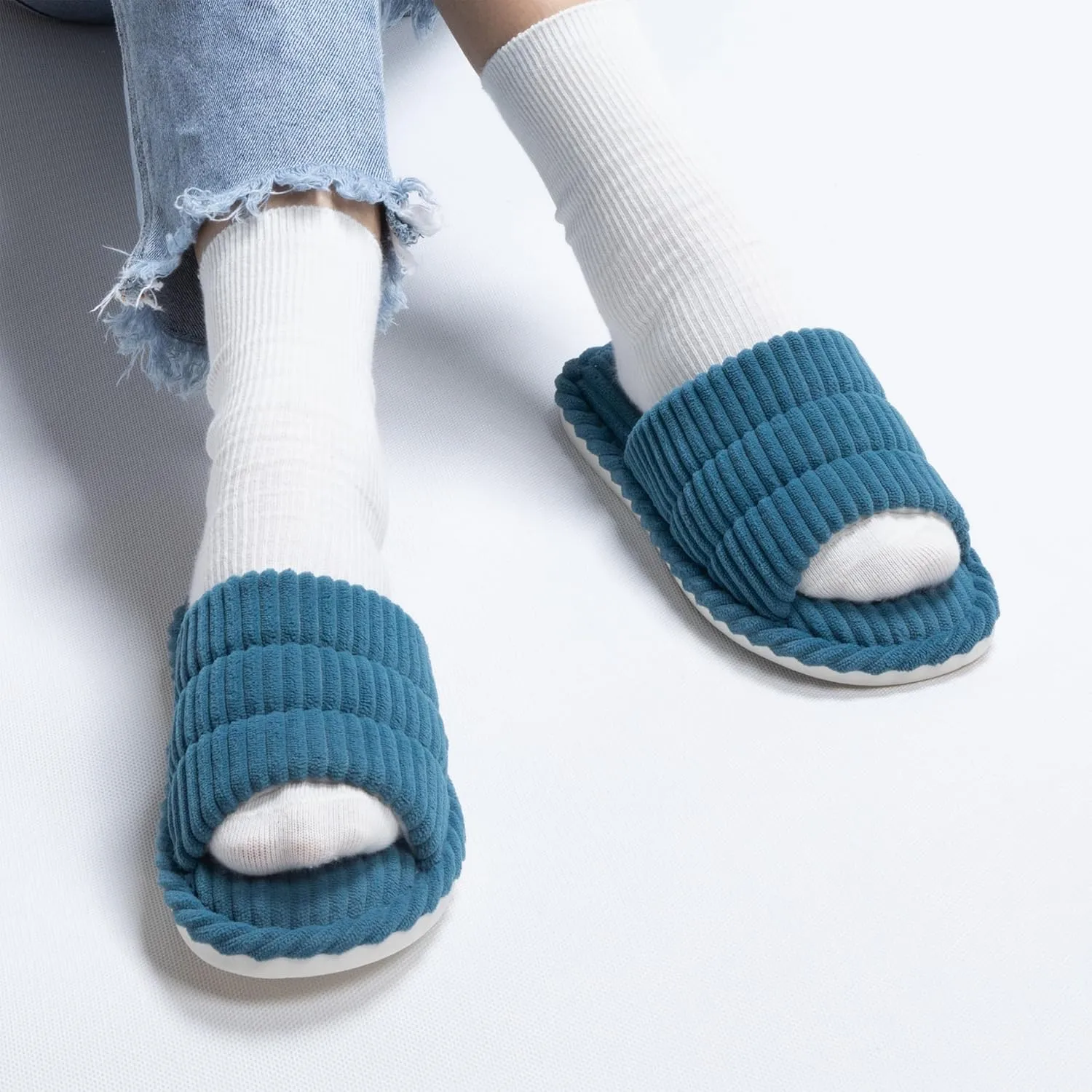 House Slippers for Women Corduroy Cross Band Slippers Open Toe Bedroom Indoor Shoes with Memory Foam