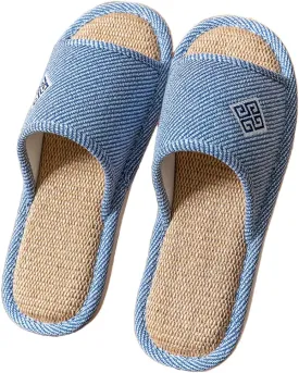 Linen Open-Toe Slide Slippers for Women, Non-Slip Indoor Outdoor House Shoes with Comfortable Sole