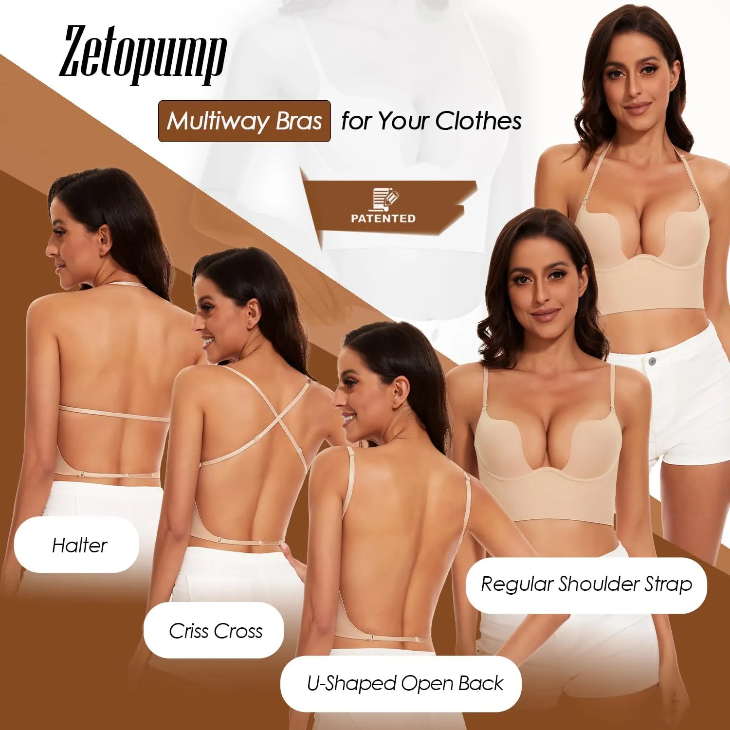 Low Back Bras for Women-Seamless Invisible Backless Bra-Lightly Lined Secret Plunge Open Back Multiway Halter Bras