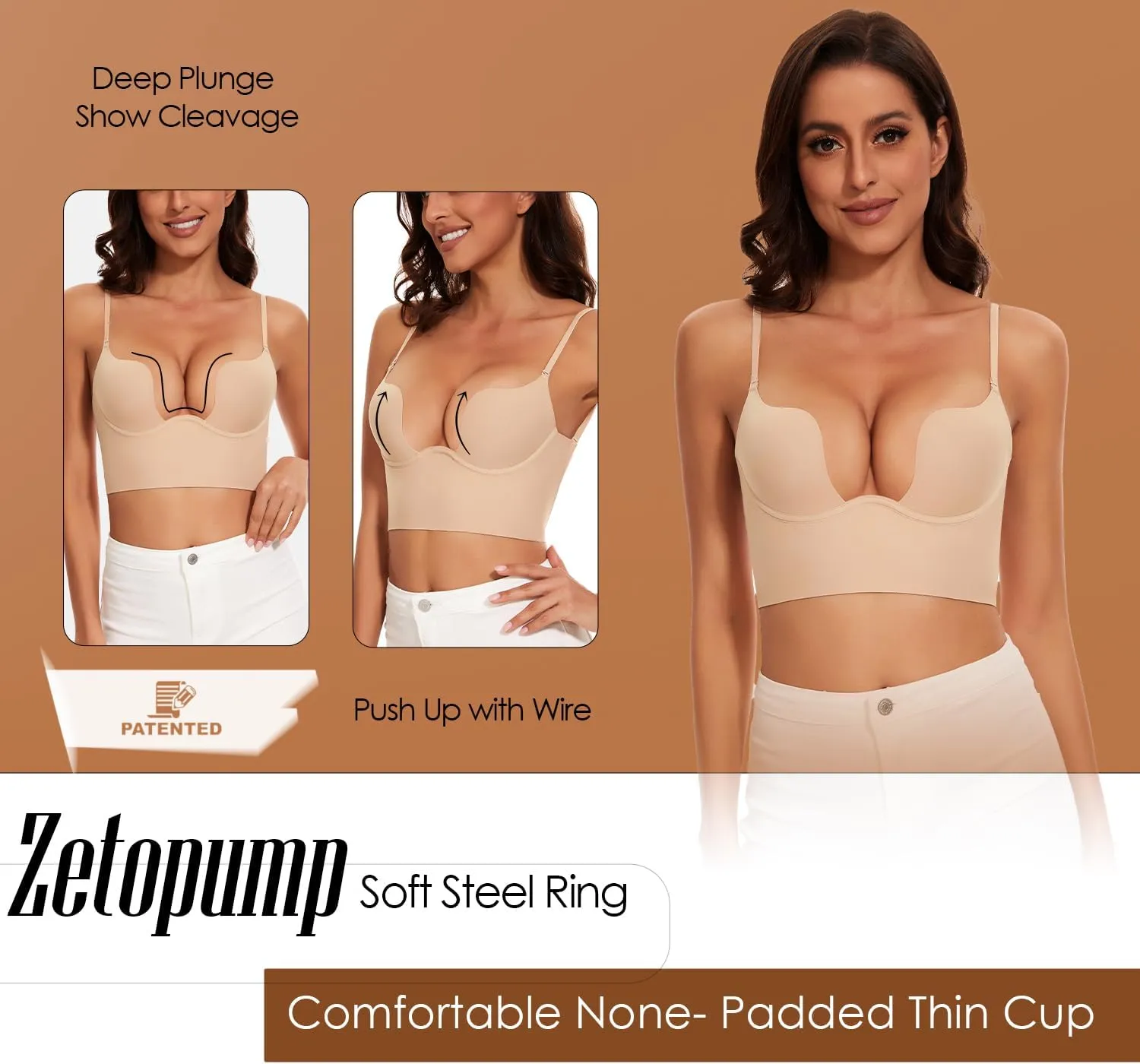 Low Back Bras for Women-Seamless Invisible Backless Bra-Lightly Lined Secret Plunge Open Back Multiway Halter Bras