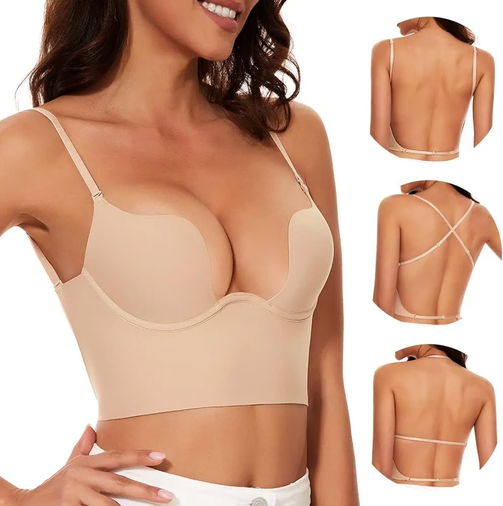 Low Back Bras for Women-Seamless Invisible Backless Bra-Lightly Lined Secret Plunge Open Back Multiway Halter Bras