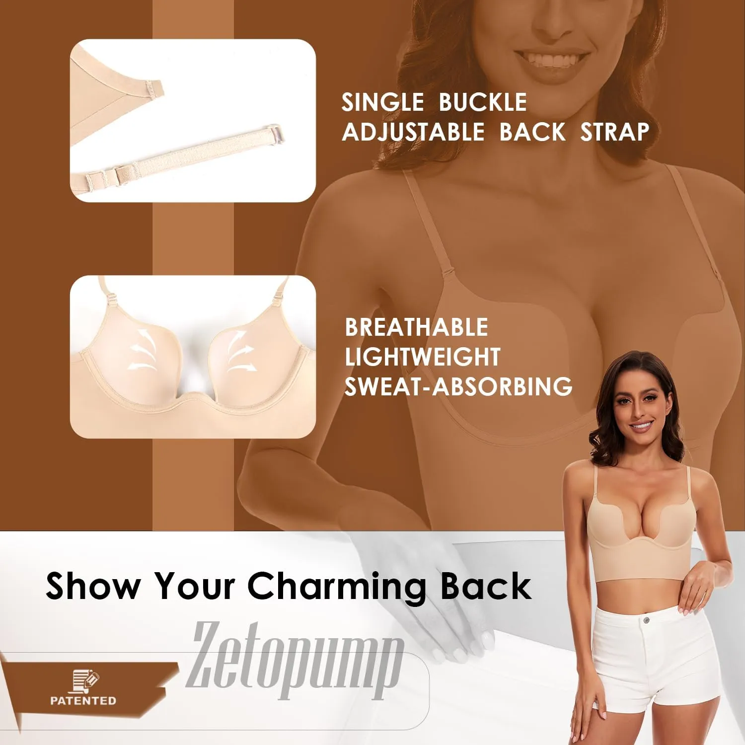 Low Back Bras for Women-Seamless Invisible Backless Bra-Lightly Lined Secret Plunge Open Back Multiway Halter Bras