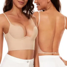 Low Back Bras for Women-Seamless Invisible Backless Bra-Lightly Lined Secret Plunge Open Back Multiway Halter Bras