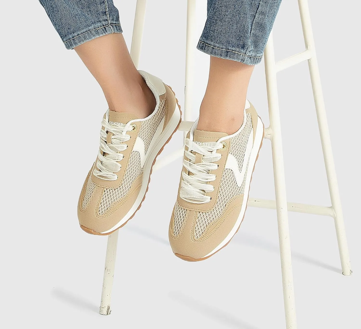 LUCKY STEP Women's Fashion Casual Running Trainer Ballet Gum Rubber Sole Organza Lace Up Walking Shoes Platform Retro Sneakers