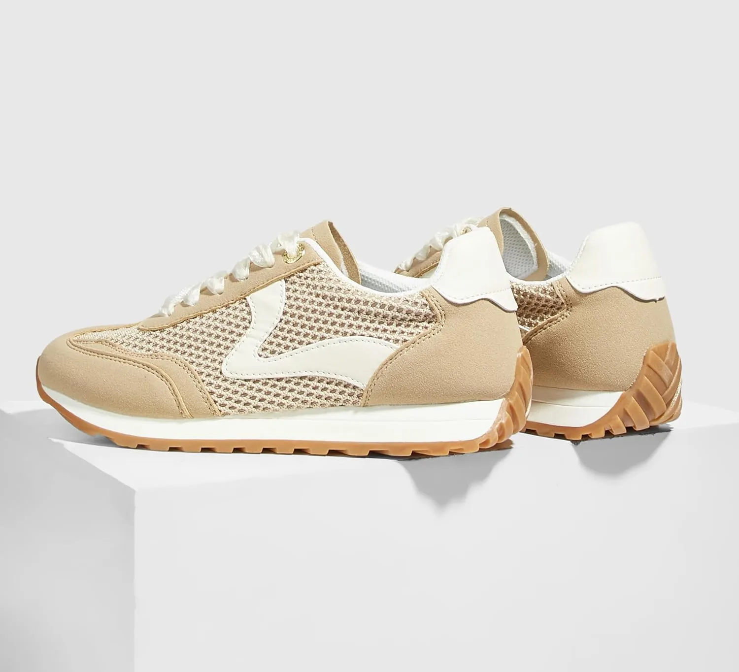 LUCKY STEP Women's Fashion Casual Running Trainer Ballet Gum Rubber Sole Organza Lace Up Walking Shoes Platform Retro Sneakers