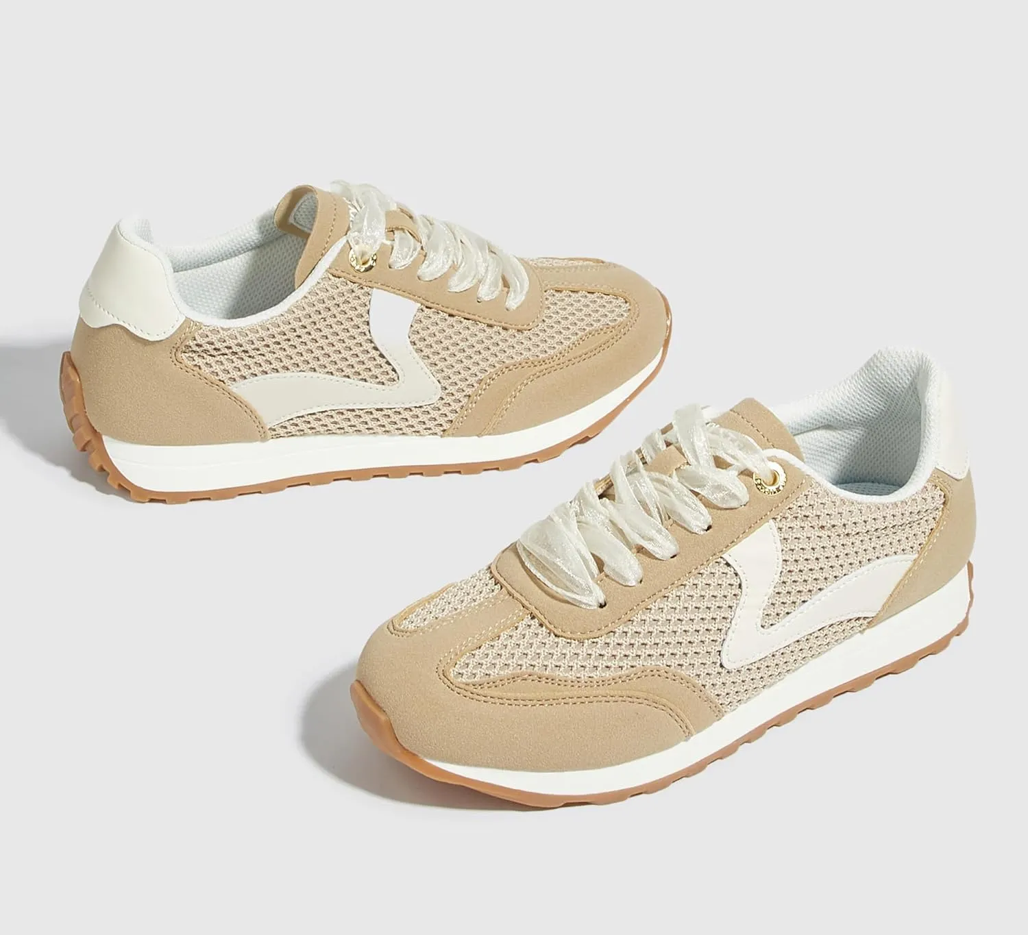 LUCKY STEP Women's Fashion Casual Running Trainer Ballet Gum Rubber Sole Organza Lace Up Walking Shoes Platform Retro Sneakers