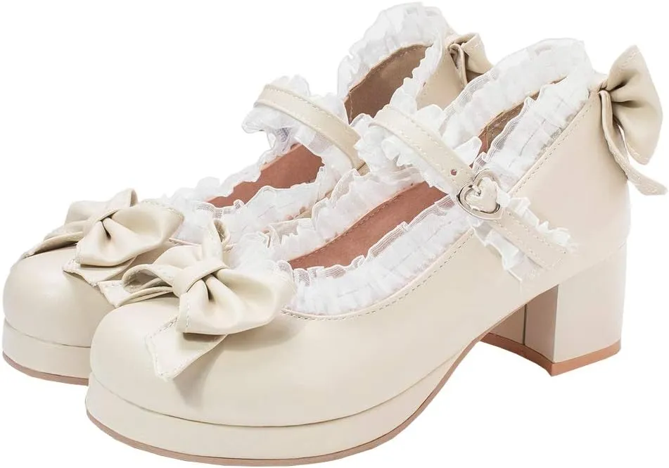 LUXMAX Women Kawaii Mid Block Heel Mary Jane Rockabilly Pumps with Bow Platform Chunky Heel Cute Sweet Shoes