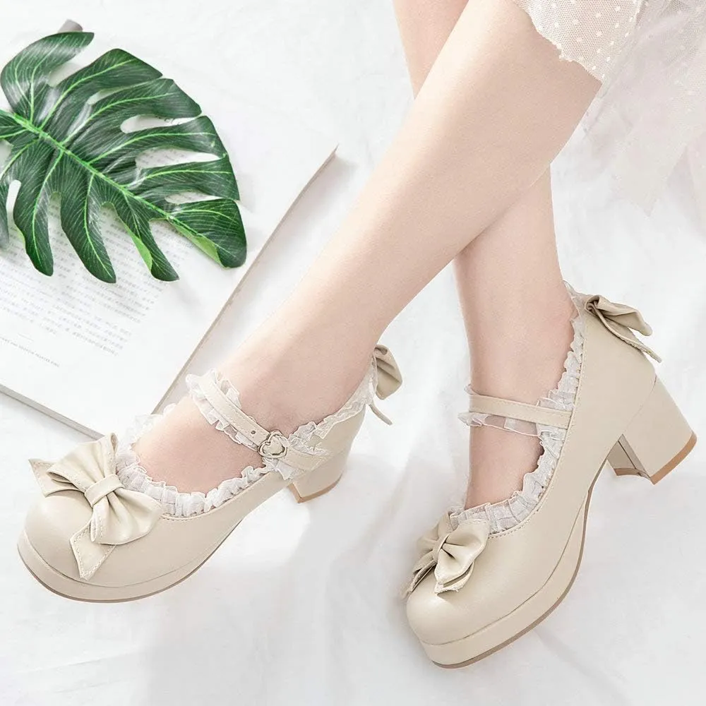 LUXMAX Women Kawaii Mid Block Heel Mary Jane Rockabilly Pumps with Bow Platform Chunky Heel Cute Sweet Shoes