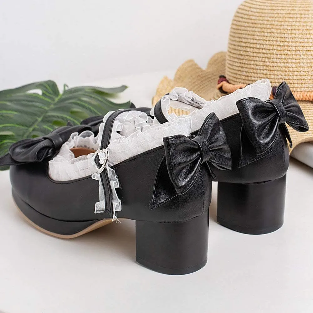 LUXMAX Women Kawaii Mid Block Heel Mary Jane Rockabilly Pumps with Bow Platform Chunky Heel Cute Sweet Shoes