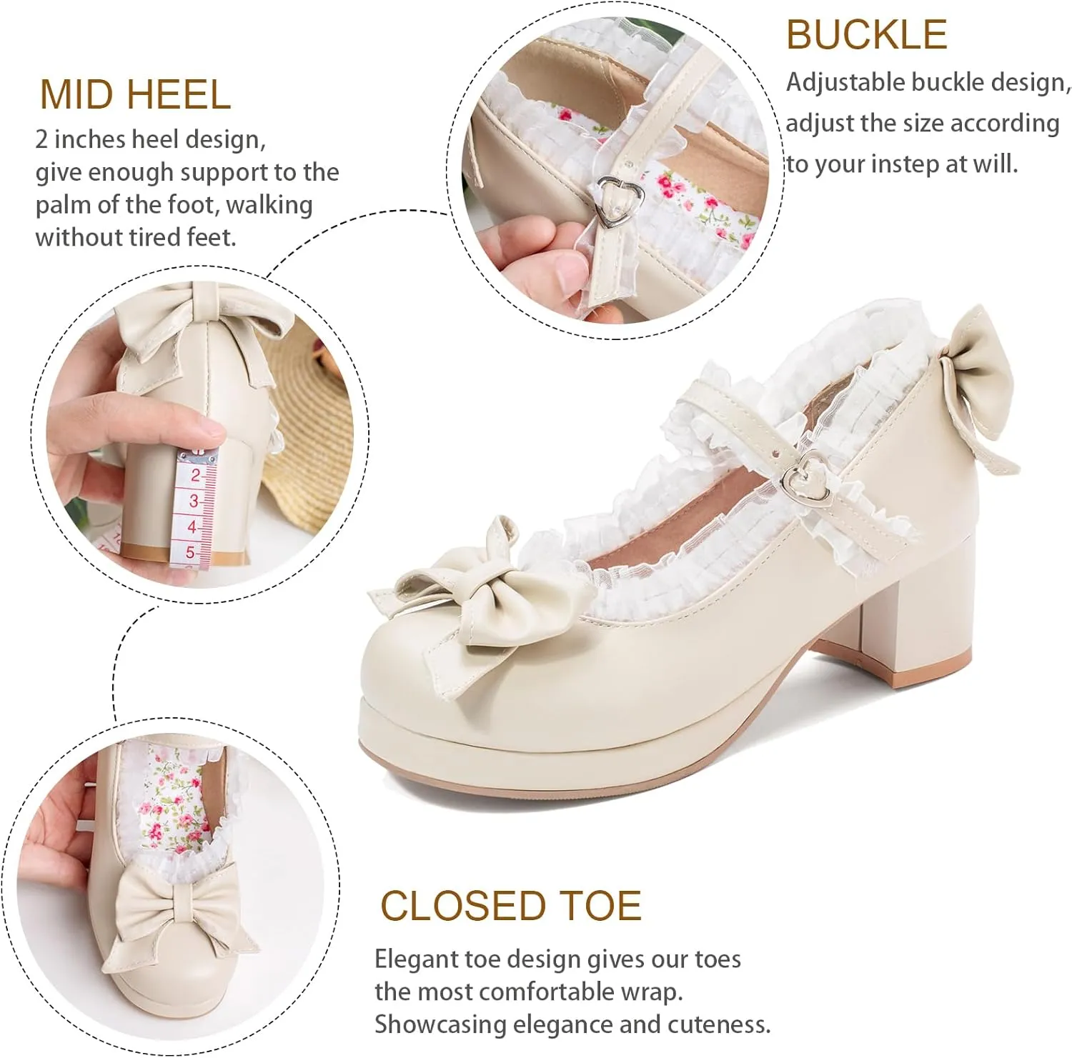 LUXMAX Women Kawaii Mid Block Heel Mary Jane Rockabilly Pumps with Bow Platform Chunky Heel Cute Sweet Shoes