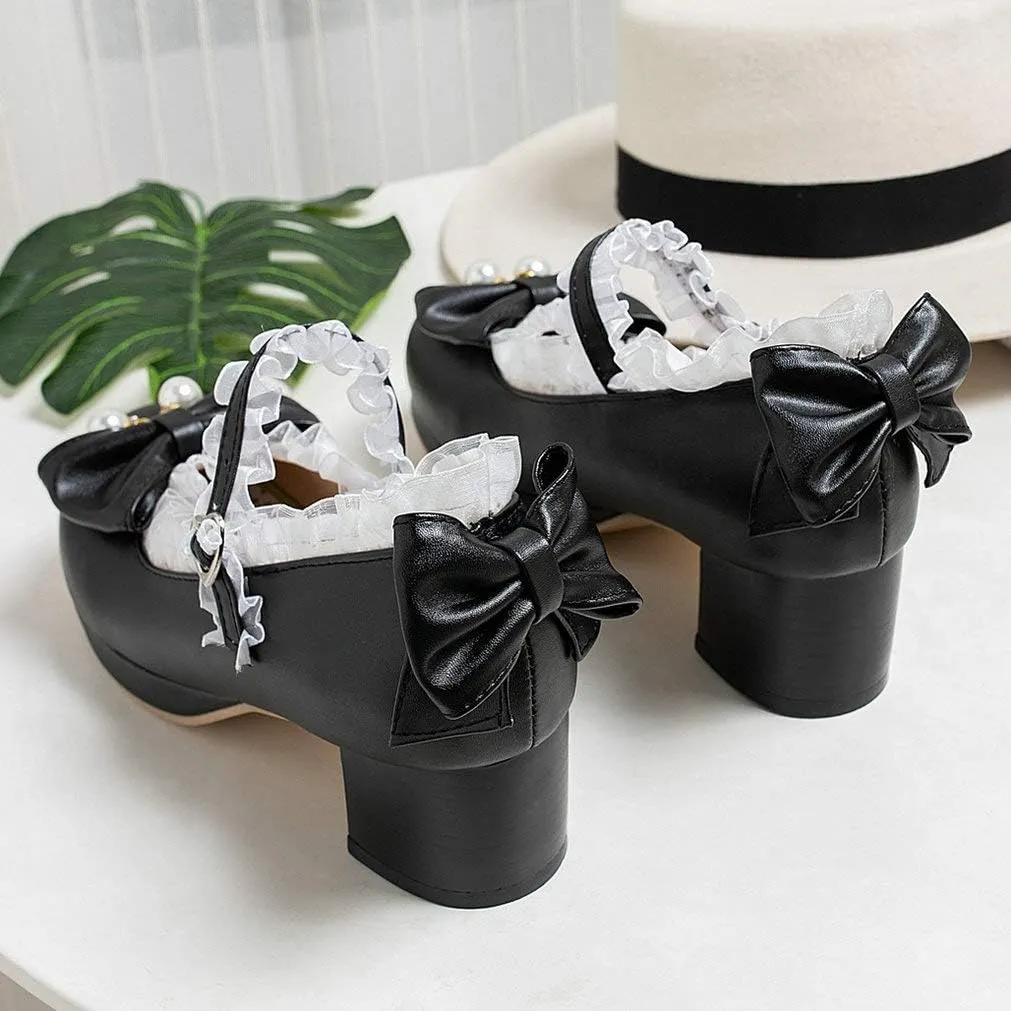 LUXMAX Women Kawaii Mid Block Heel Mary Jane Rockabilly Pumps with Bow Platform Chunky Heel Cute Sweet Shoes