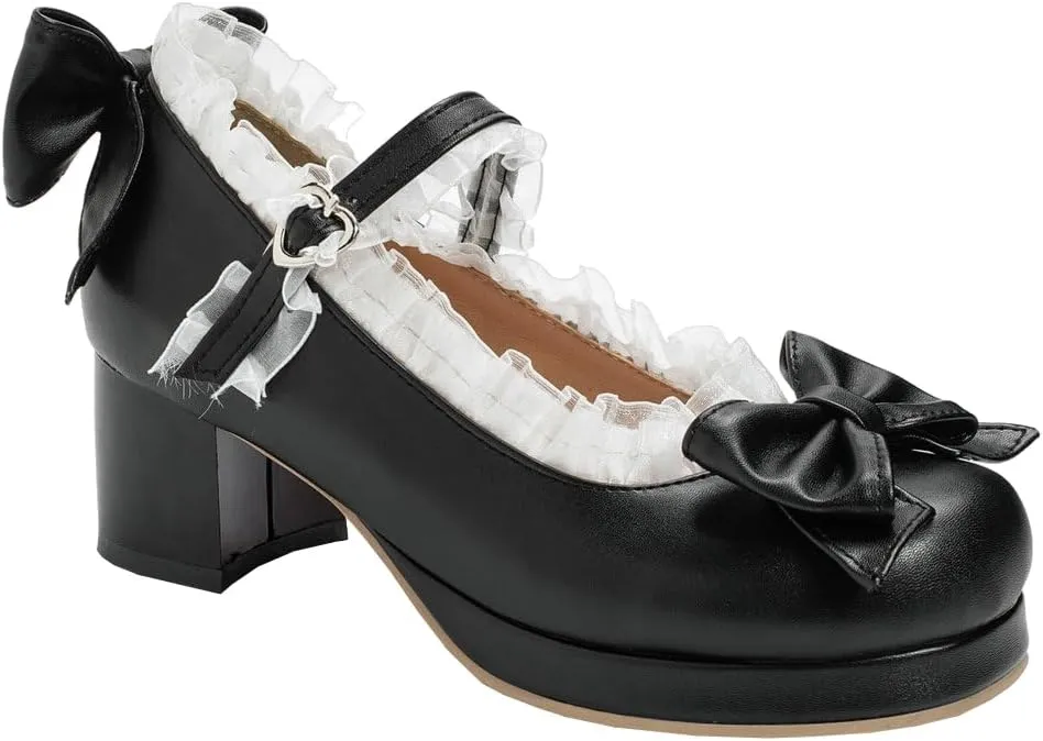 LUXMAX Women Kawaii Mid Block Heel Mary Jane Rockabilly Pumps with Bow Platform Chunky Heel Cute Sweet Shoes