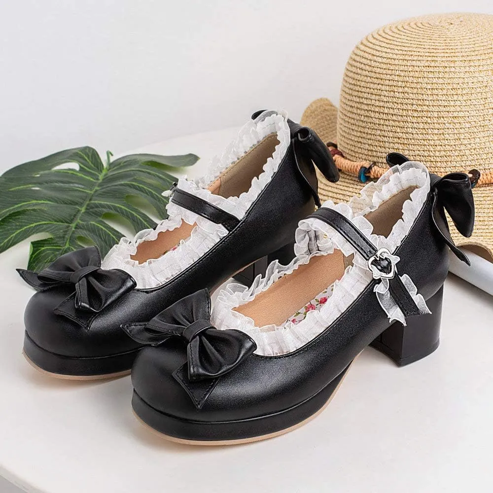 LUXMAX Women Kawaii Mid Block Heel Mary Jane Rockabilly Pumps with Bow Platform Chunky Heel Cute Sweet Shoes