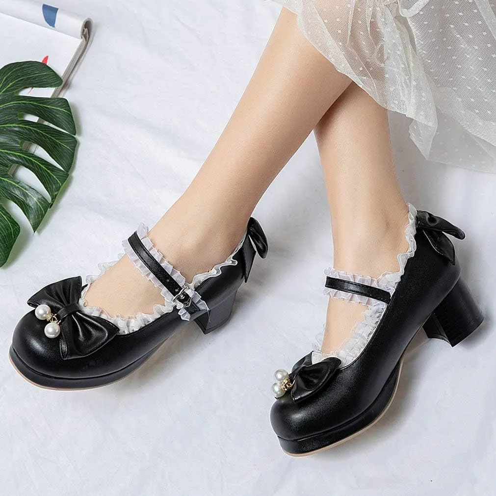 LUXMAX Women Kawaii Mid Block Heel Mary Jane Rockabilly Pumps with Bow Platform Chunky Heel Cute Sweet Shoes