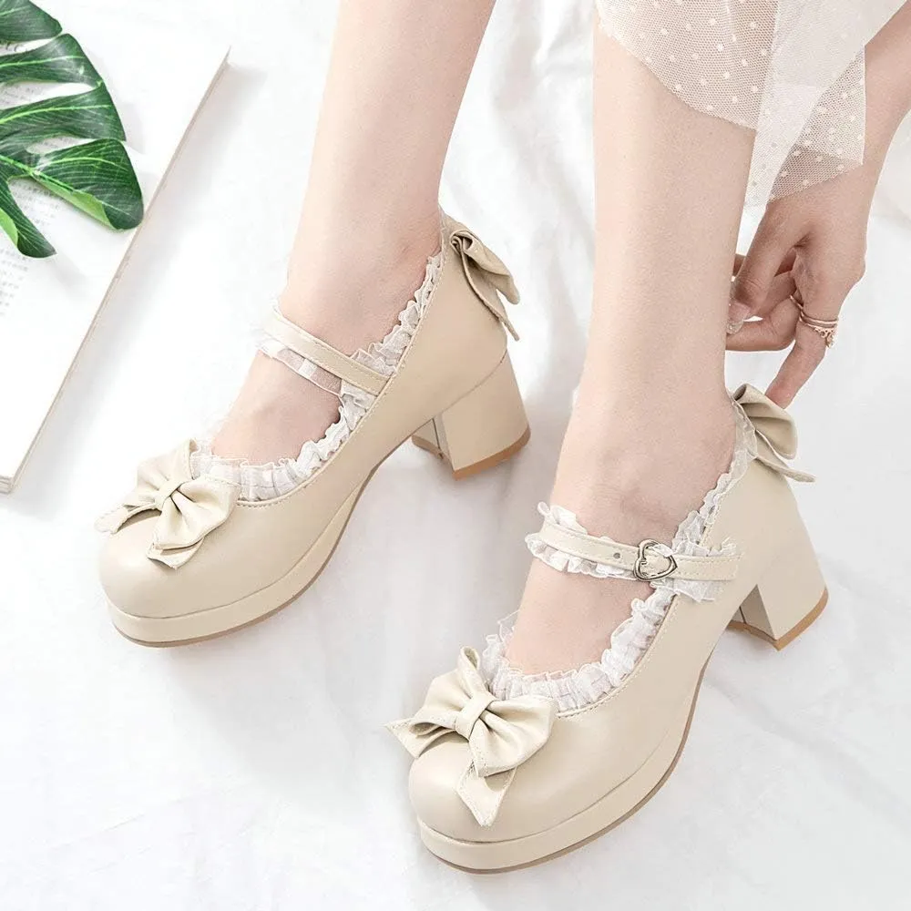 LUXMAX Women Kawaii Mid Block Heel Mary Jane Rockabilly Pumps with Bow Platform Chunky Heel Cute Sweet Shoes